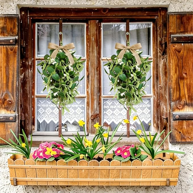 2 PCS 24'' Eucalyptus Teardrop Swag Wreaths Spring Summer Greenery Teardrop Swags for Front Door Artificial Farmhouse Green Hanging Swags with Berry Ribbon for Wedding Porch Wall Window Cabinet Decor