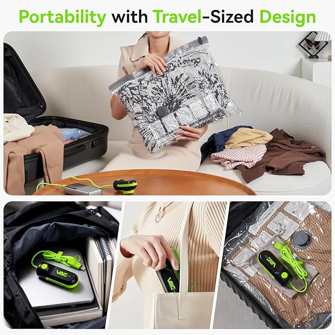 Travel Vacuum Bags with USB and TYPE C Pump Pump,9 Pack Vacuum Storage Bags,vacuum for bags storage, Powerful -58KPa Suction for Luggage,Travel and Home Use for Clothes and Blankets (Green）
