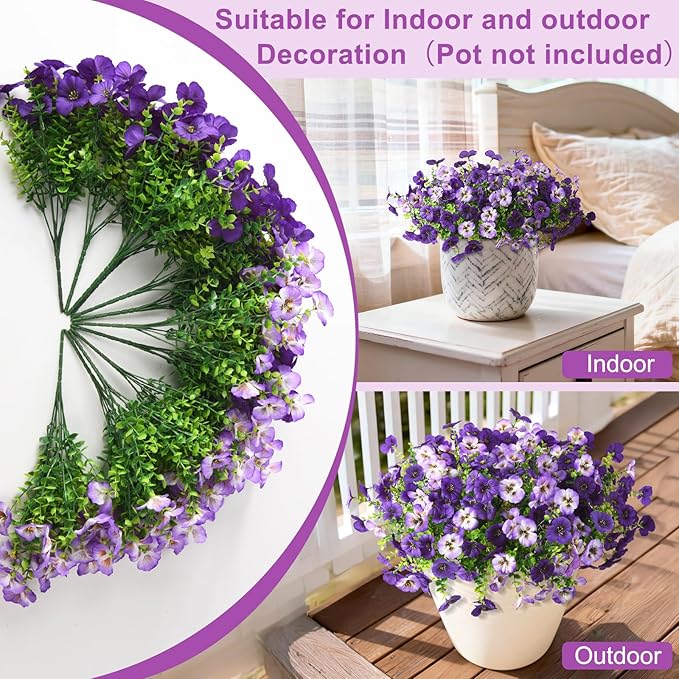 INQCMY Artificial Fake Pansy Flowers for Outdoor, 12 Pcs Faux Silk Pansies Flower for Spring Summer Decoration, UV Resistant Fake Plants for Outside Planter Porch Yard Patio Home Decor(Double Purple)