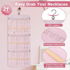 Dynoro Double-Sided Hanging Jewelry Organizer, Large Pink Storage Roll for Earrings, Necklaces, Rings, 48 Pockets 21 Hooks, Durable Oxford Fabric for Closet, Wall, Door, 1 piece, Jewelry Not Included