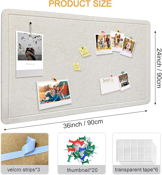 Large Bulletin Board - Foldable 36x24 Inches Cork Board Alternative with 20 Push Pins, 3' x 2' Self-Adhesive Felt Bulletin Board for Wall, Home Office Classroom Decor