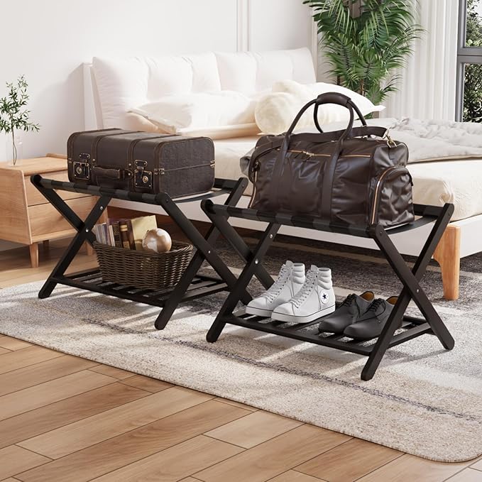 Smuxee Fully Assembled Black Luggage Racks Pack of 2, Upgraded Bamboo Foldable Suitcase Stand with 5 Nylon Straps, Luggage Holder with Shelf for Guest Room Bedroom Hotel