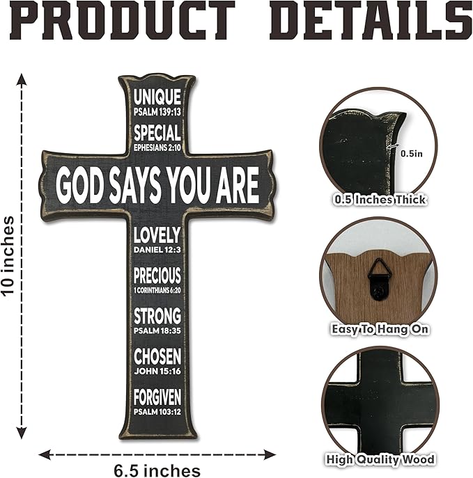 VZVCTFS God Says You Are Wooden Cross - 6.5x10 Inch Inspirational Bible Verse Wall Decor for Home Office Kitchen, Christian Scripture Hanging Gift for Easter Christmas（Black）- A06