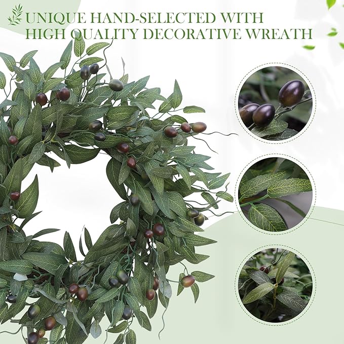 Olive Wreaths 20 Inch Wreath for Front Door with Purely Handmade Realistic Dense Olive Leaf Olive Berry, Elegant Home Decor Wreath Ideal for Front Doors, Hallways, Any Area You Want to Brighten