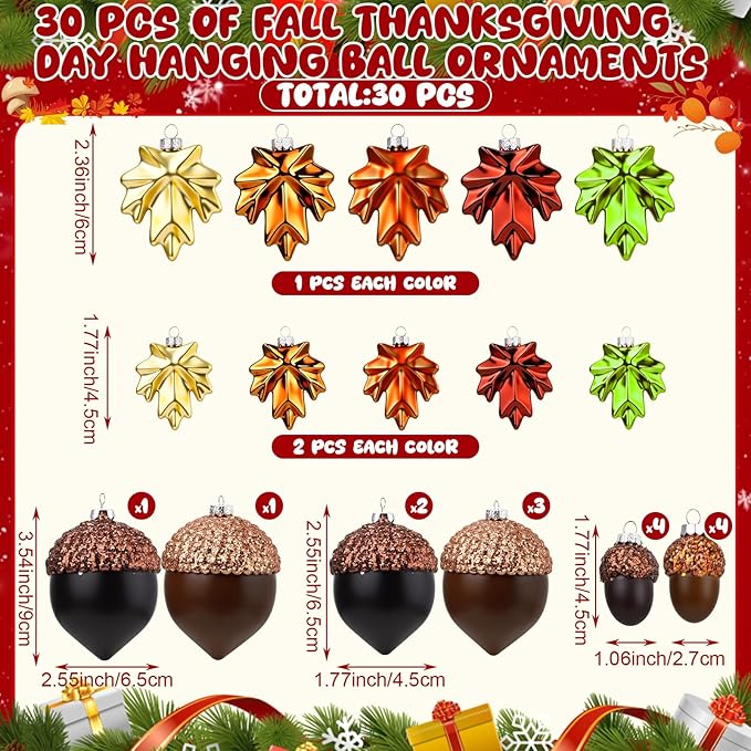 Soaoo 30 Pcs Acorn Hanging Ornaments for Winter Tree Maple Leaves Plastic Hanging Pendant Small Winter Decorations for Home Table Fireplace Party Decor(Matte Style)