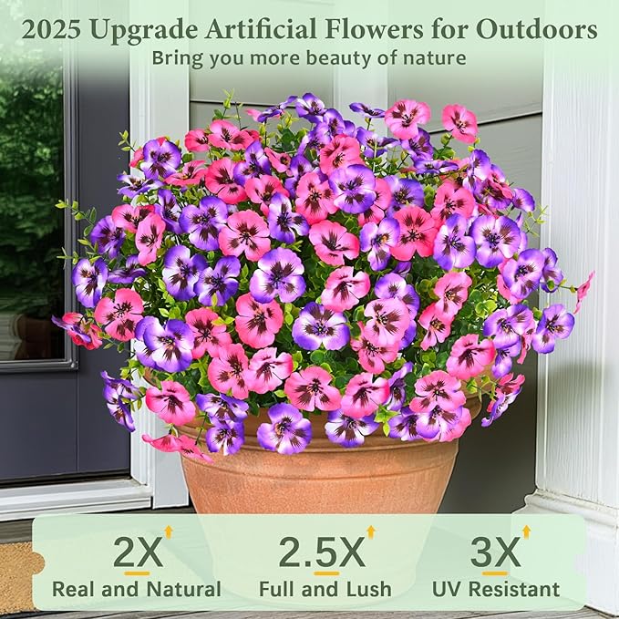 MARTINE MALL 12 Bundles Look Real Artificial Flowers for Outdoors, Realistic Fake Outdoor Flowers, UV Resistant Silk Pansy Flowers for Outside Faux Flowers Plants for Outdoor Porch Patio, Pink+Purple