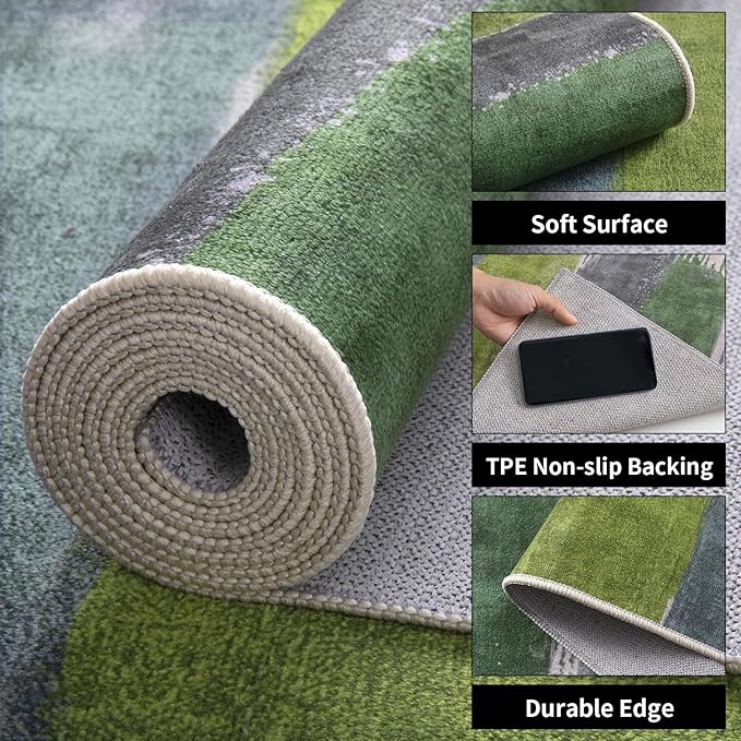 Ciicool 2x6 Washable Runner Rug, Modern Abstract Hallway Rugs Runner, Non-Slip Thin Accent Rug Lightweight Green Print Distressed Carpet for Laundry Entryway Bedroom Kitchen Indoor