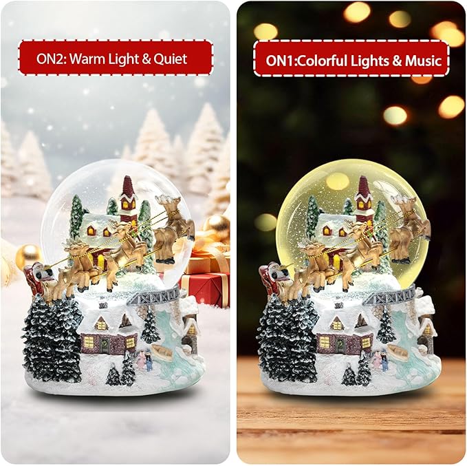 7'' H Christmas Snow Globe with Light up and Musical Spring Decoration Gift, Snowflakes Water Globe, Santa Sleigh Reindeer Resin Snow Globe, Christmas Holiday Indoor Decor.