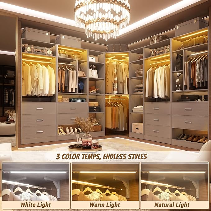Corner Closet System with 2 Motion Sensor Lights, 39.2" Corner Closet Organizer with 12 Shelves, Closet Corner with 2 Hanging Rods, Versatile 6-Tier Walk-in Closets for Corner Space, Grey