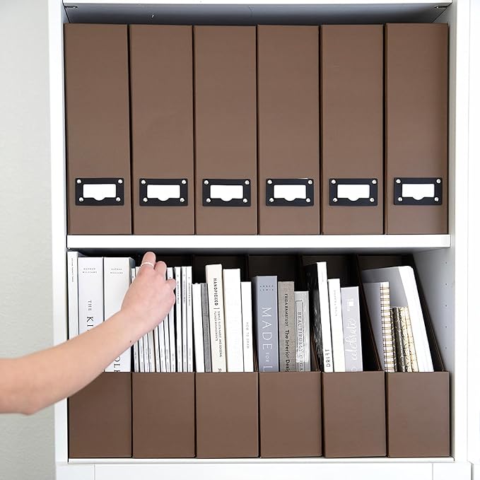 BLU MONACO | Cardboard Magazine File Holder Set of 6 | Vertical Magazine File Holder with Leather Label Slots | Standing File Holder and Cardboard Bins for Shelves Desk Office
