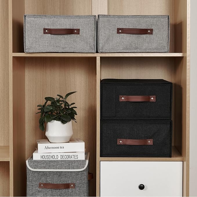 Closet Drawer Organizer Stackable Fabric Storage Boxes Bins Baskets with Lid PU Leather Handles Foldable Washable Cotton Linen Wardrobe Shelf Clothes Towels Container (Gray, Large)
