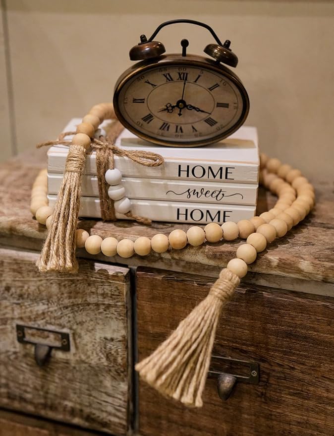 3 Pieces Wooden Decorative White Books, Rustic Farmhouse Faux Books for Coffee Table Shelves with Wood Bead Tassels and Leaves, 7'x 4.6'x 2.5' (Home, Sweet, Home)