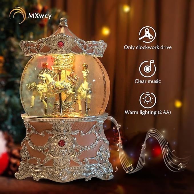 Carousel Music Box Silver & Pink Christmas Snow Globes, 8.3" Rotate Carousel Snow Globe for Kids & Adults, Classic Wind up Musical Snow Globe Valentines Day Gifts for Women Girls Carousel Horse Decor