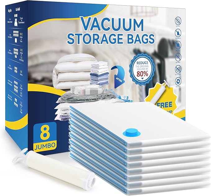 Simple Deluxe 8 Jumbo Space Saver Bags, Vacuum Storage Bags, Vacuum Seal Bags with Hand Pump for Comforters, Blankets, Bedding, Pillows and Clothes