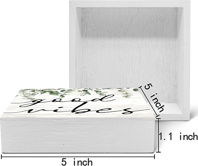 SRADMO Botanical Eucalyptus Leaves Wood Box Sign Desk Decor, Rustic Eucalyptus Leaves Wooden Block Box Sign Decoration For Home Office Shelf Table Decor