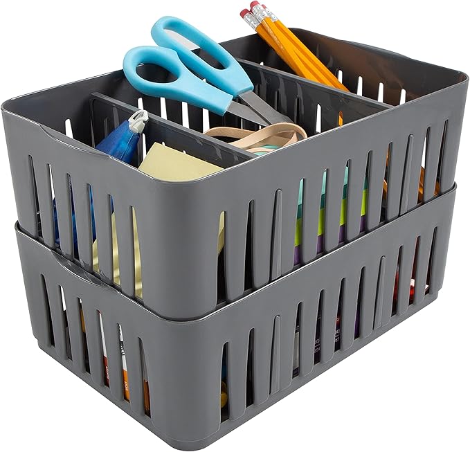 Simplify 4 Pack 3 Compartment Stackable Bin with Adjustable Dividers | Drawer Organizer | Storage Basket | Good for Office | Desk Supplies | Dorm | Bathroom | Accessories | Make Up | Grey