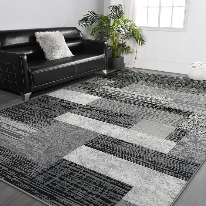 FlyDOIT Modern Geometric Patchwork Area Rug, 7x10 Grey Large Rugs for Living Room, Rockwood Collection Indoor Rugs for Bedroom, Throw Carpet Floor Decor for Entryway Dining Room Office Nursery
