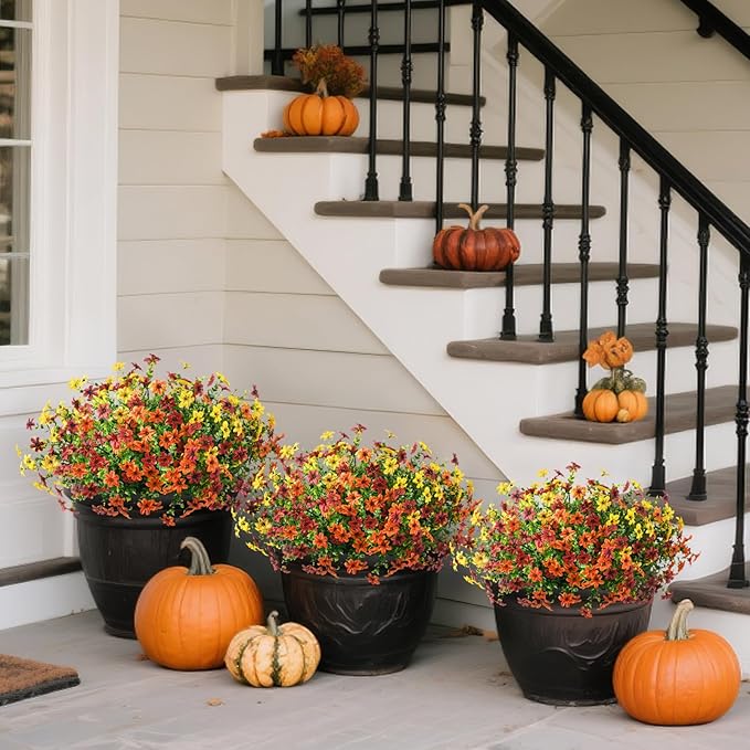 Artificial Flowers for Outdoors 12 Bundles Fake Plants Spring Home Decoration, Realistic Faux Flower Silk Daisy with Eucalyptus Stem UV Resistant Patio Planter Porch Yard Window (Yellow Brown Orange)