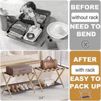 Bamboo Luggage Rack for Guest Room, 26.77" Folding Wide Suitcase Stand with Fabric Storage Shelf, Thickened Luggage Stand Holder for Bedroom Hotel, Luggage Rack for Suitcases (1 Pack - Tea brown)