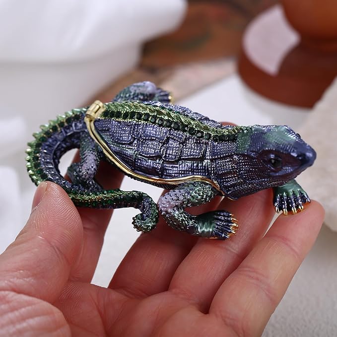 Hand Painted Lizard Trinket Box for Home Decor Accents, Enamel Hinged Jewelry Box for Bookshelf Office Table Desk Decoration, Classical Figurine Collectible Keepsake Animal Sculptures (Lizard)
