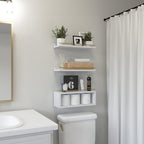 WOPITUES Floating Shelves for Wall with Cube Shelf, Wall Shelves with Metal Rail for Decor, Bathroom Organizers and Storage, Over Toilet Shelves for Bathroom, Toilet Paper-White&Gold