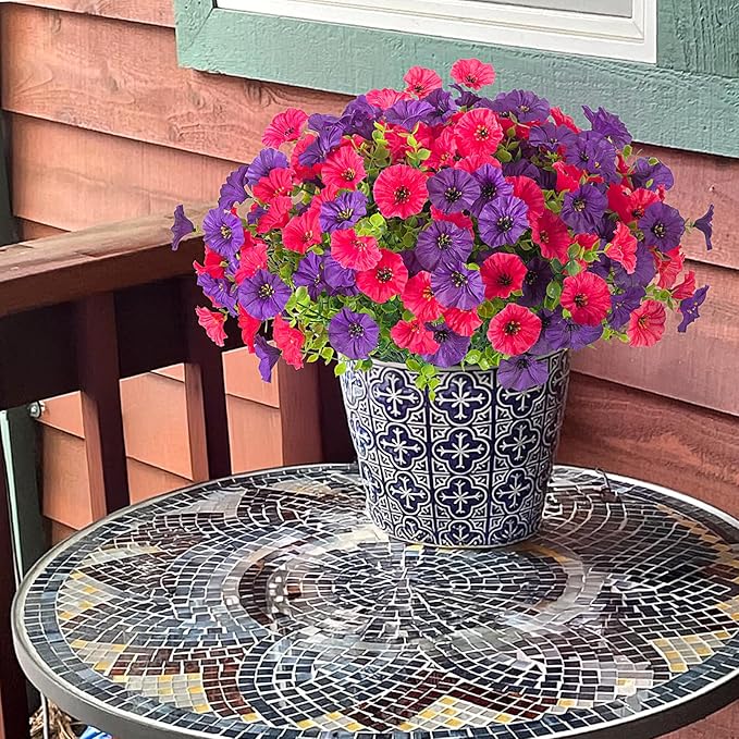 Artificial Flowers for Outdoors Decoration, 10 Bundles Fake Plastic Flower Plant, Faux Colorful Silk Morning Glory Petunias for Spring Summer Outside Garden Porch Front Door Decor, Hot Pink Purple