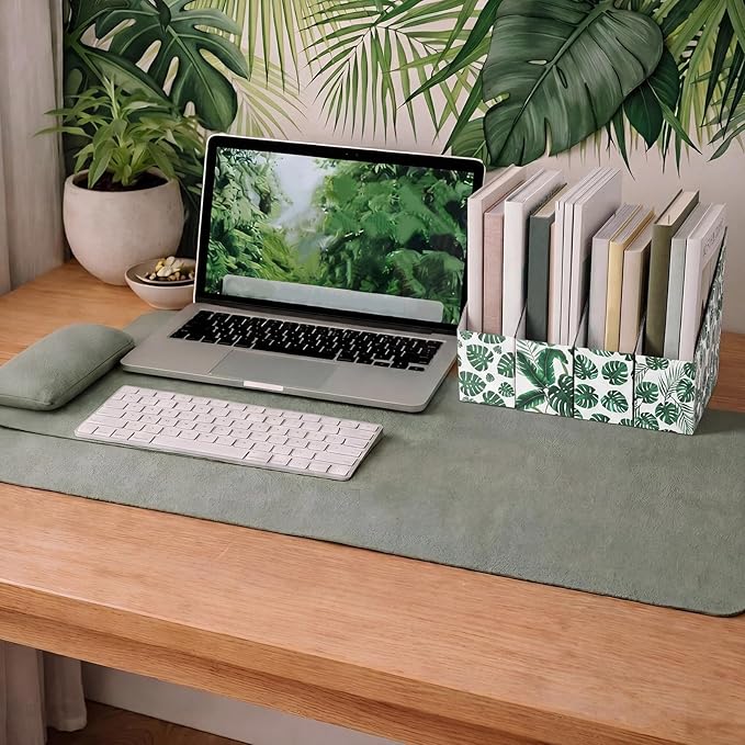 AmazingSpark Set of 4 Monstera Magazine Holder Decorative Foldable Magazine Storage Boxes with Acrylic Label Holders Coquettish Boho Organizer for Office Home Organization Storage