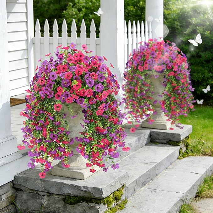 4 Bundles Fake Flowers for Spring Decor, Hanging Artificial Flowers for Outdoors, UV Resistant Spring Floral Stems for Porch, Window and Garden Decoration (4)