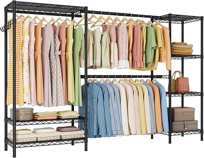 Heavy Duty Garment Rack Clothes Rack,Large Metal Closet Organizer System Storage Wardrobe,Freestanding Clothing Rack with 7 Adjustable Wire Shelves&3 Hang Rods,MaxLoad 1500lbs