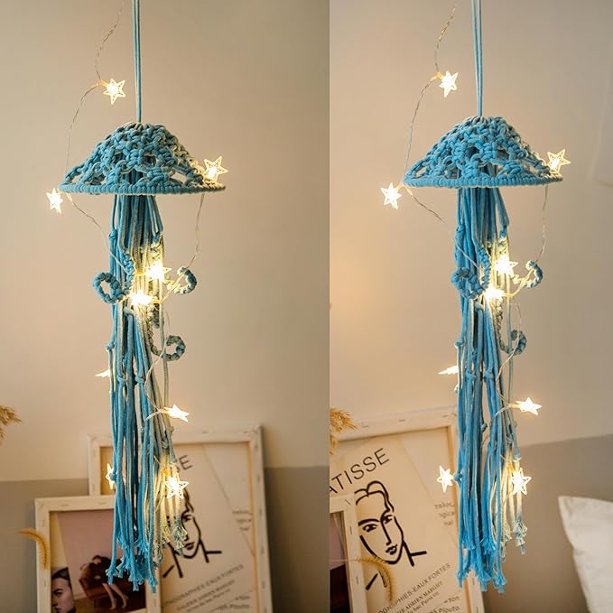Macrame Wall Hanging,Jellyfish Dream Catcher with Star Lights,Bohemian Woven Wall Art Decor Beautiful Apartment Dorm Room Door Decoration (Blue)