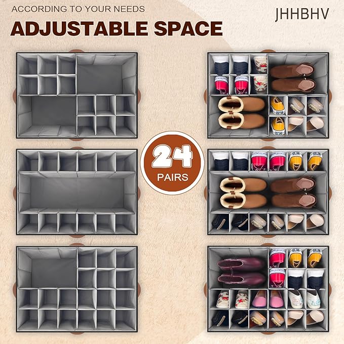 2 Pack Shoe Organizer for Closet, Adjustable Shoe Box Storage Containers, Large Foldable Shoe Bins with Clear Cover, Space Saving Shoes Holder with 4 Handles, Fits 24-48 Pairs, Black