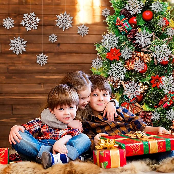 46Pcs Plastic Snowflake Ornament Christmas Glitter Snowflake Hanging Christmas Tree Decorations with Silver Rope for Winter Decorations Tree Window Door Accessories (Silver)