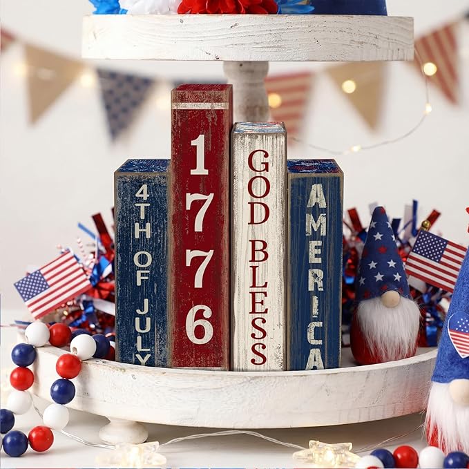 Lineshading 4 Pcs 4th of July Table Decoration Wooden Book 1776 God Bless America Decor Patriotic Tiered Tray Decor Farmhouse Red White and Blue American Block Signs for 250th Anniversary Home Shelf