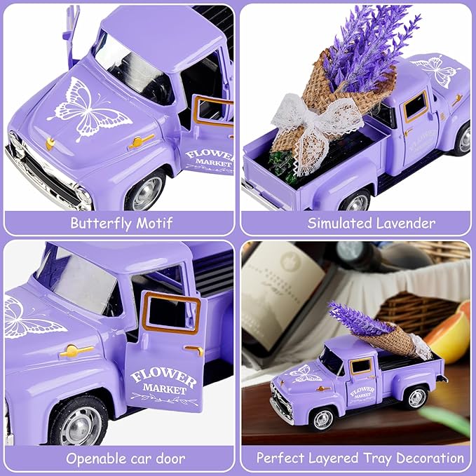 Lavender Truck Decor with Flowers, Purple Floral Pickup Truck with Butterfly, Rustic Farmhouse Tabletop Centerpiece, Spring Country Home Office Kitchen Tiered Tray Decor