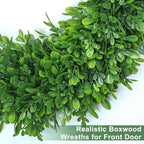 26Inch Boxwood Wreaths for Front Door，Summer Wreaths for Front Door Outside Realistic，Front Door Wreath Outside All Season，Artificial Green Wreath for Farmhouse Porch Wall Wedding Room Home Decor