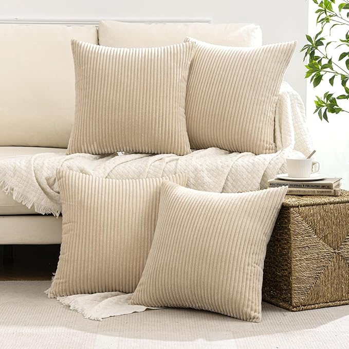 MIULEE Boho Farmhouse Throw Pillow Covers 20x20 Inch Set of 4 Mordern Nordic Cushion Covers Soft Corduroy Spring Home Decor for Couch Bed Sofa Living Room Beige