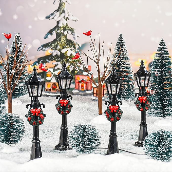 16 PCS Christmas Figurine Village Accessories, Mini Street Light Models with Brush Trees, Miniature Christmas Pathway Street Lamps Lantern Post for DIY Micro Landscape Fairy Garden