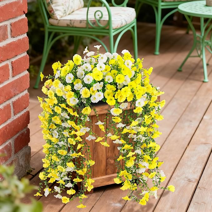 Fake Artificial Hanging Flowers for Outdoor, 8 PCS Silk Morning Glory Faux Flowers with Eucalyptus Leaves,Realistic Hanging Plants for Wedding Home Office Garden Decor