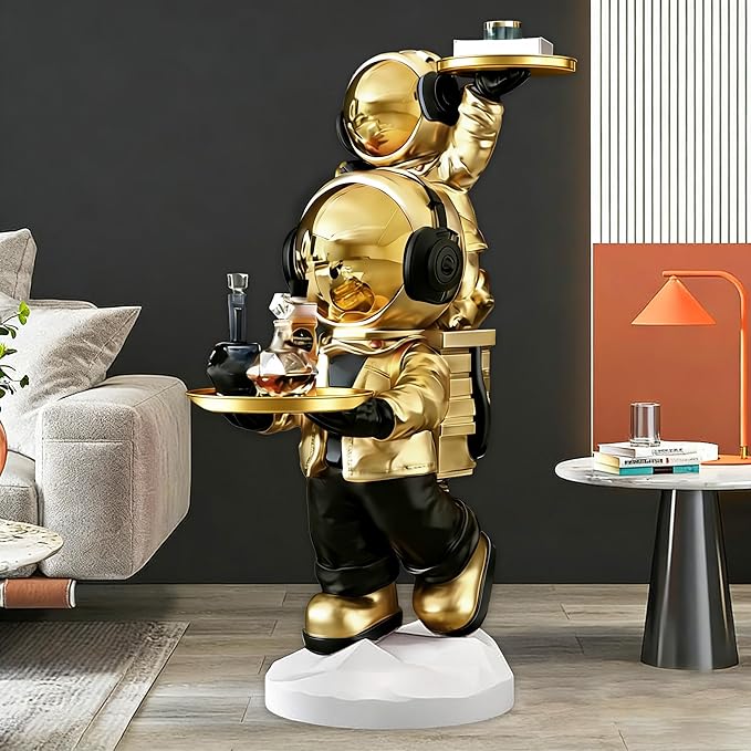 Large Astronaut Statue, Astronaut Sculpture, Astronaut Decoration, Cool Metal mask Decor, Floor Sculpture, Suitable for Living Room, Bedroom, Stores, etc., Tray can be Used for Storage