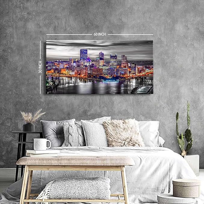 Extra Large Pittsburgh Wall Art Black and White Cityscape Wall Decor Modern Night City Skyline Picture Office Decor Pennsylvania Skyscrapers Canvas Prints for Bedroom Living Room Decoration 30x60"