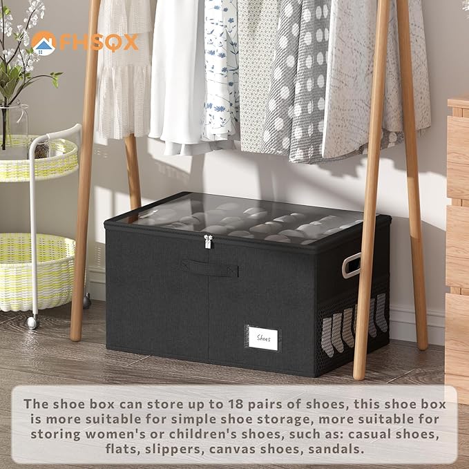 2 Pack Shoe Organizer for Closet Large Shoe Box Storage Containers with Clear Window Space Saving Shoe Bin with Foldable Bottom Support Adjustable Dividers Fits 36 Pairs (Black, (24.4*16.5*13inch)x2)