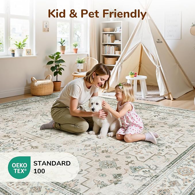 Lessymo Washable Rugs for Living Room, 9x12 Large Area Rug for Bedroom Dining Home Office, Soft Non-Slip Vintage Stain Resistance Oushak Carpet, Boho Neutral Farmhouse Decor, Beige Brown