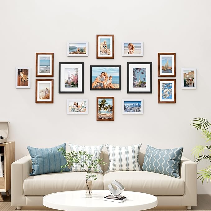 Vittanly 15 Pack Picture Frames Collage Wall Decor, Multi Sizes Including 3pcs 8x10, 6pcs 5x7 and 6pcs 4x6 Photo Frames, Gallery Frame Set for Wall or Tabletop Display, Black, Walnut Brown and White