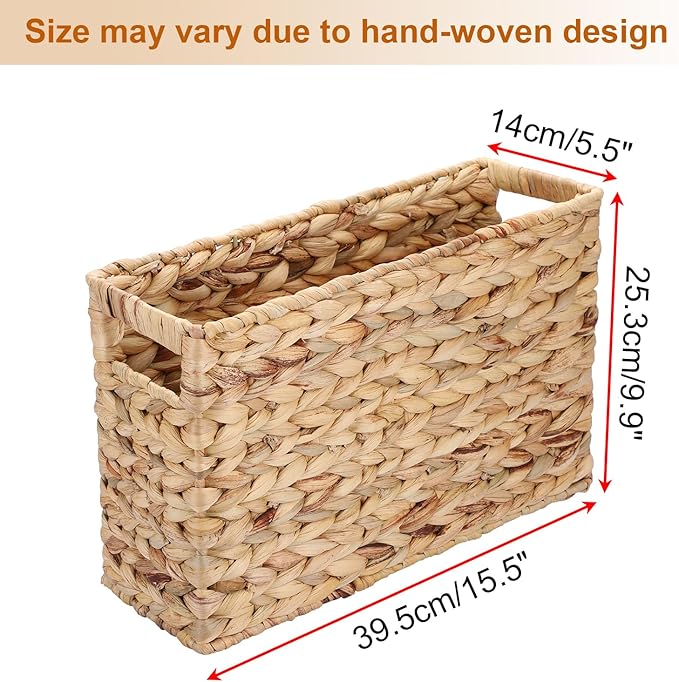 BTSKY Woven Magazine Holder, Water Hyacinth Magazine Basket, Natural Narrow Storage Basket Bin for Books & Files, Magazine Rack with Built-in-Handle for Home, Office & Desk - 15.4x5.5x9.8 Inch