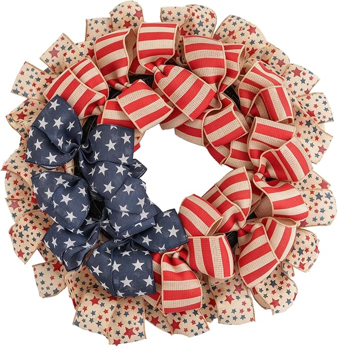 Patriotic Wreath for Front Door, 24 inch 4th of July Decorations Burlap Foldable Wreath for 250th Anniversary American Independence Day Memorial Day Decor