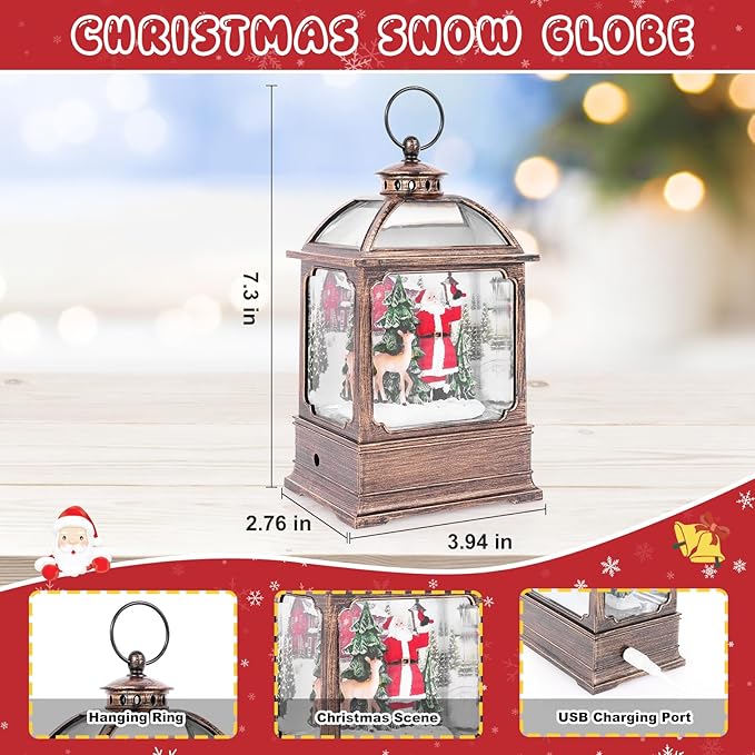 Christmas Snow Globe Lantern with Santa and Reindeer 8 Music Songs & 6H Timer Water Snow Globe Lantern USB & Battery Operated for Christmas Festival Decorations Gifts (Santa and Reindeer)