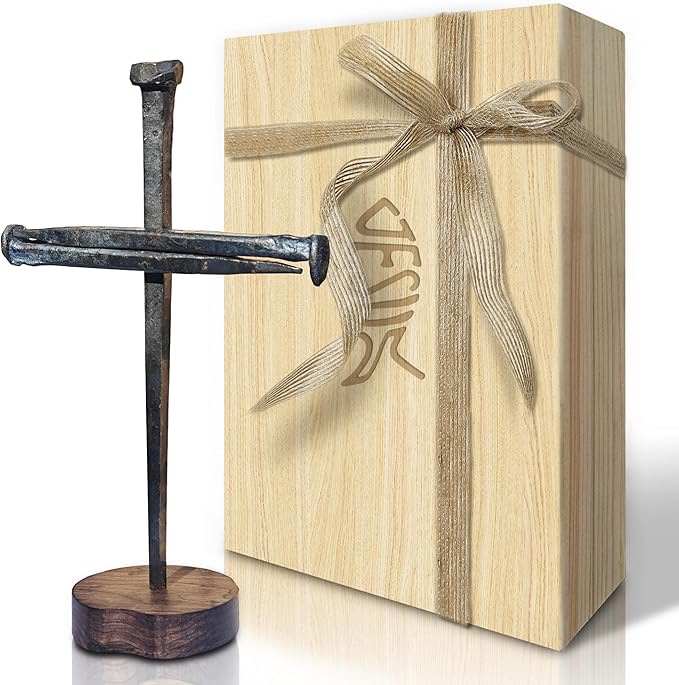 LeMeeOly Jesus Christ Crucifixion Nail Metal Cross Wooden Base, Religious Gifts for Mom Mothers Day, Baptism & Religious Gifts for Men Women,Christian Home Decor (Solid Wood Base)