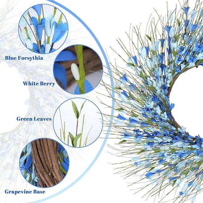 GTIDEA Summer Wreaths for Front Door, 24 Inch Blue Floral Wreath with Grapevine Base, Silk Forsythia Flowers Wreath for Everyday Farmhouse Door Decor Porch Wall Window Indoor Outdoor