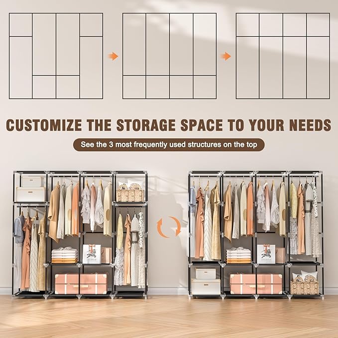Wardrobe Closet, 66 Inch Portable Closet for Hanging Clothes, Large Capacity Clothes Rack Organizer with Cover & 4 Hanging Rods & 8 Storage Shelves & 2 Side Pockets (Black)