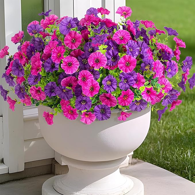 Artificial Flowers for Outdoors Decoration, 10 Bundles Fake Plastic Flower Plant, Faux Colorful Silk Morning Glory Petunias for Spring Summer Outside Garden Porch Front Door Decor, Purple